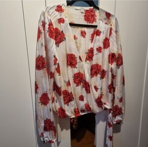 Guess Floral Red Roses and Gold Accents Shimmer Long Sleeve White Blouse